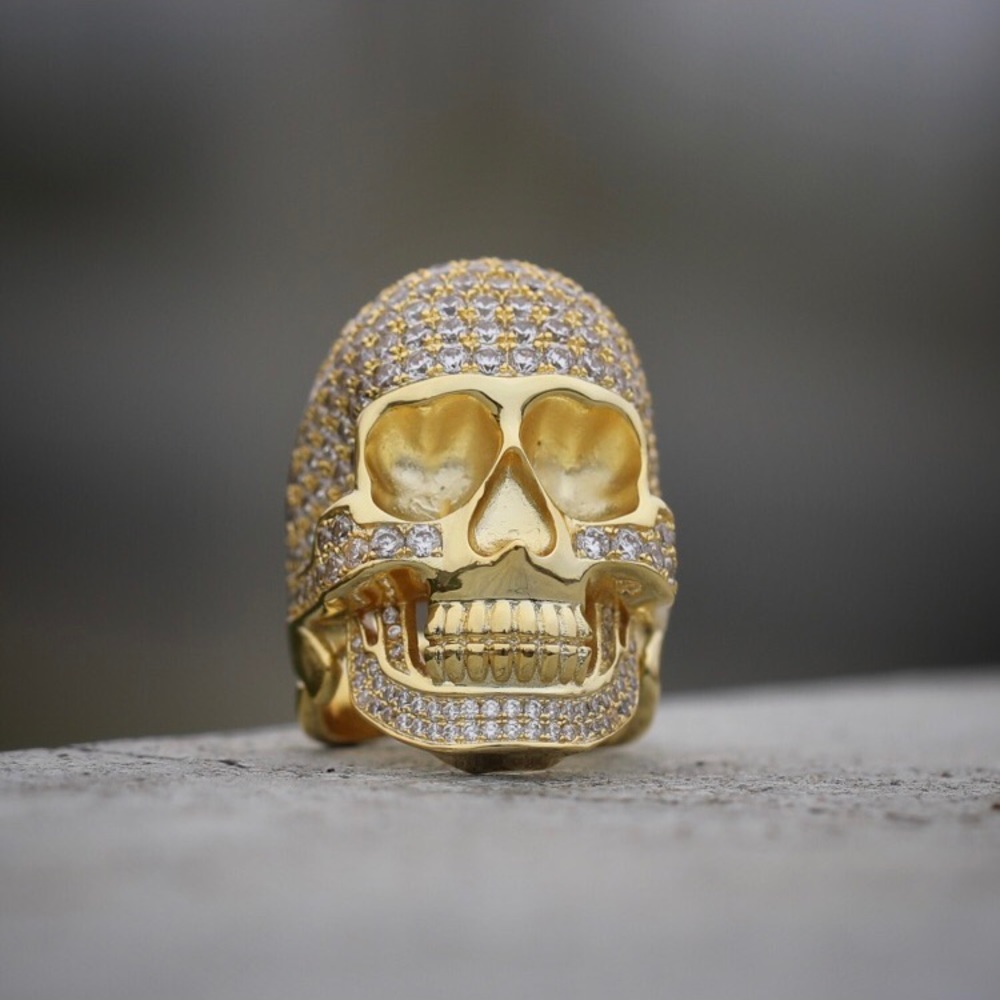 Gold Iced Out Diamond Hip Hop Skull Ring - Picture 3 of 4